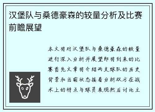 汉堡队与桑德豪森的较量分析及比赛前瞻展望