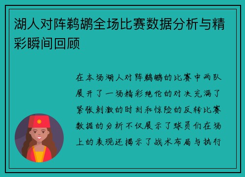 湖人对阵鹈鹕全场比赛数据分析与精彩瞬间回顾